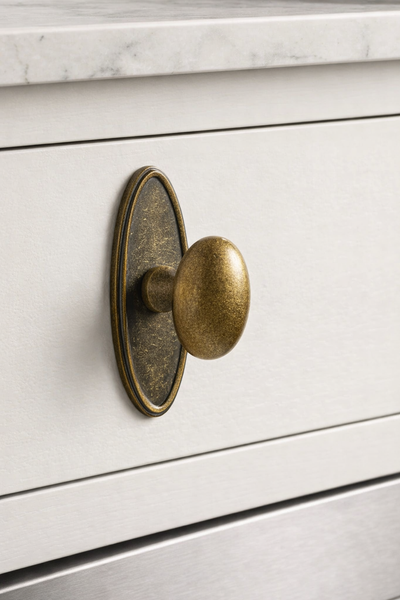 Belsay Antique Brass Egg Knob with Backplate