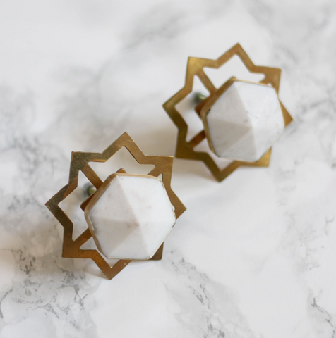 Marble & Brass Hexagon Drawer Pull